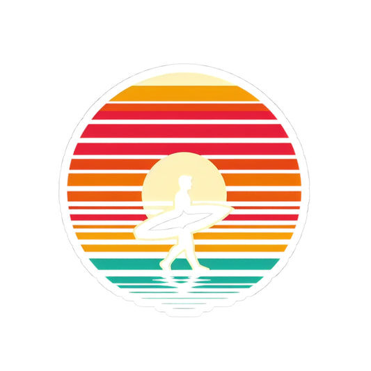 Coastal Stride Sticker | Retro Sunset with Surfer Silhouette – Bold Minimalist Beach Walk Graphic Vinyl Sticker
