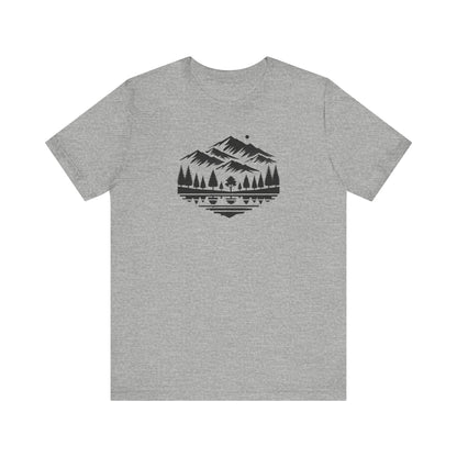Alpine Reflection Tee | Minimal Mountain Scene with Forest and Lake - Bold Nature Graphic T-Shirt (BC3001)