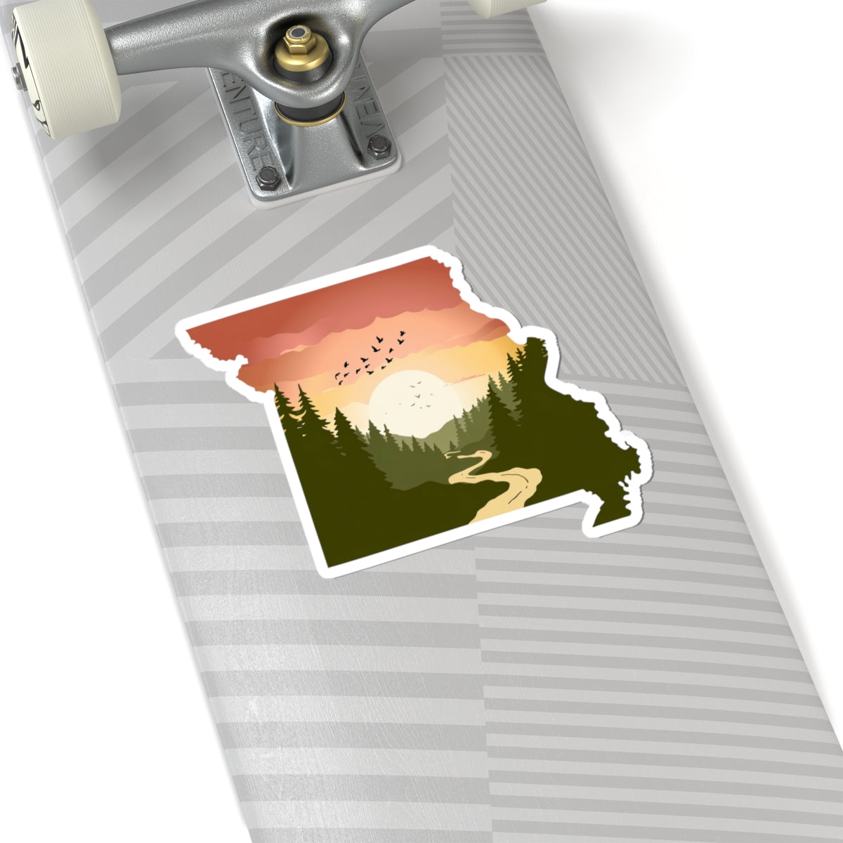 Missouri Wilderness Sticker | Sunrise Trail and Pines in State Silhouette – Ozark Forest Adventure Vinyl Sticker