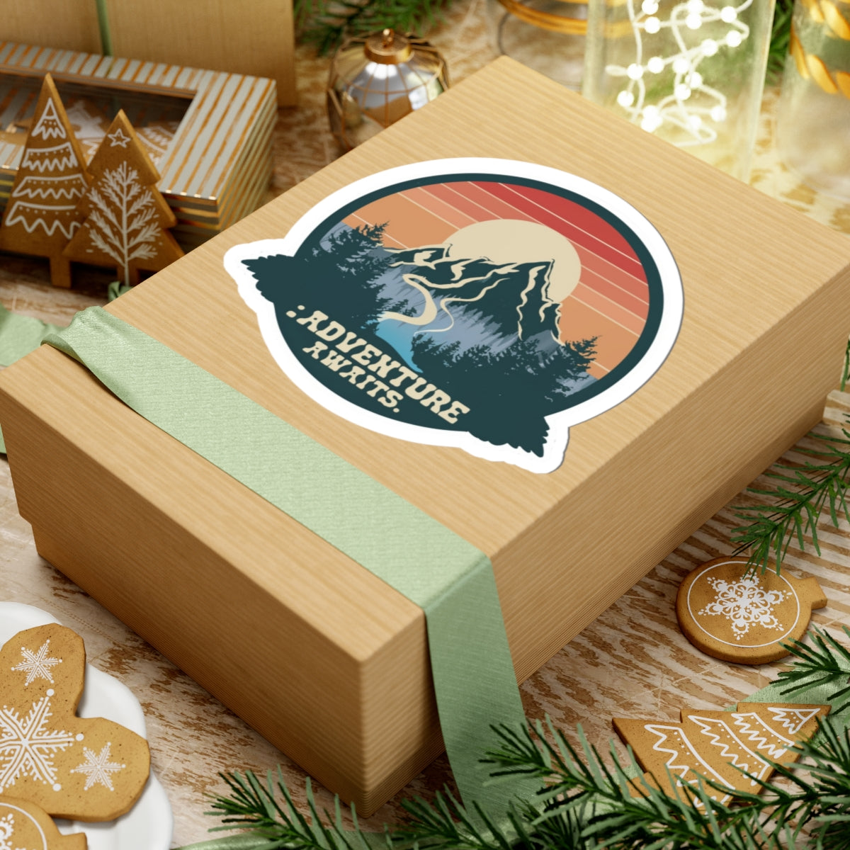 Adventure Awaits Sticker | Retro Mountain Landscape with River and Sunset – Scenic Wilderness Travel Graphic Vinyl Sticker