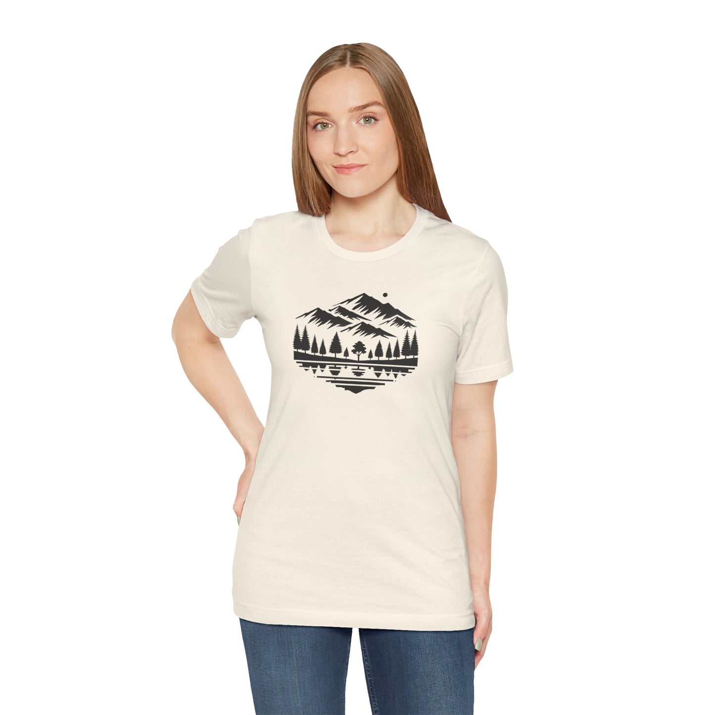 Alpine Reflection Tee | Minimal Mountain Scene with Forest and Lake - Bold Nature Graphic T-Shirt (BC3001)