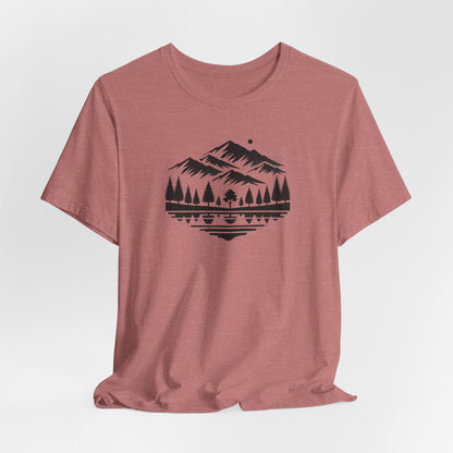 Alpine Reflection Tee | Minimal Mountain Scene with Forest and Lake - Bold Nature Graphic T-Shirt (BC3001)