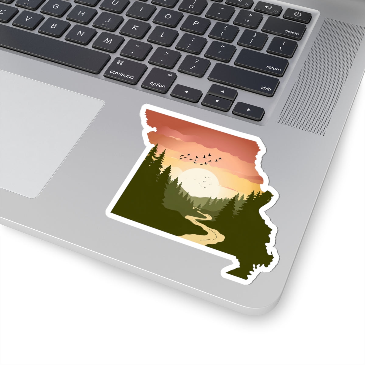 Missouri Wilderness Sticker | Sunrise Trail and Pines in State Silhouette – Ozark Forest Adventure Vinyl Sticker