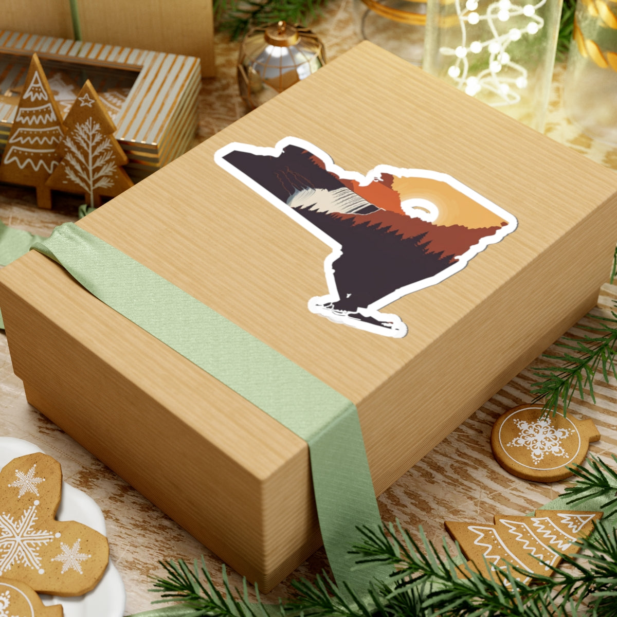 New York Summit Sticker | Adirondack Peaks with Sunset in State Silhouette – Bold Wilderness Mountain Vinyl Sticker