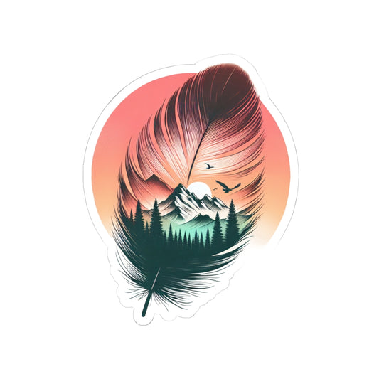 Feathered Wild Sticker | Dreamy Mountain Landscape Inside Feather with Sunset Glow - Nature-Inspired Vinyl Sticker