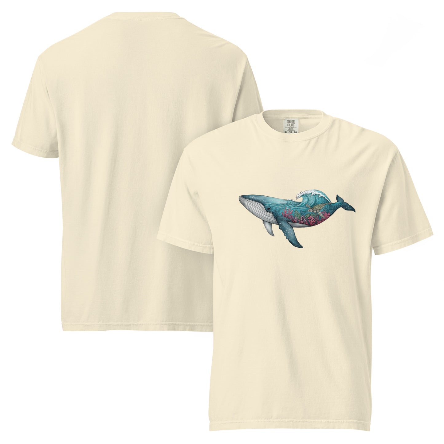 Reef Rider Tee | Illustrated Whale with Coral Reef and Ocean Wave – Vibrant Marine Life Graphic Tee (CC1717)